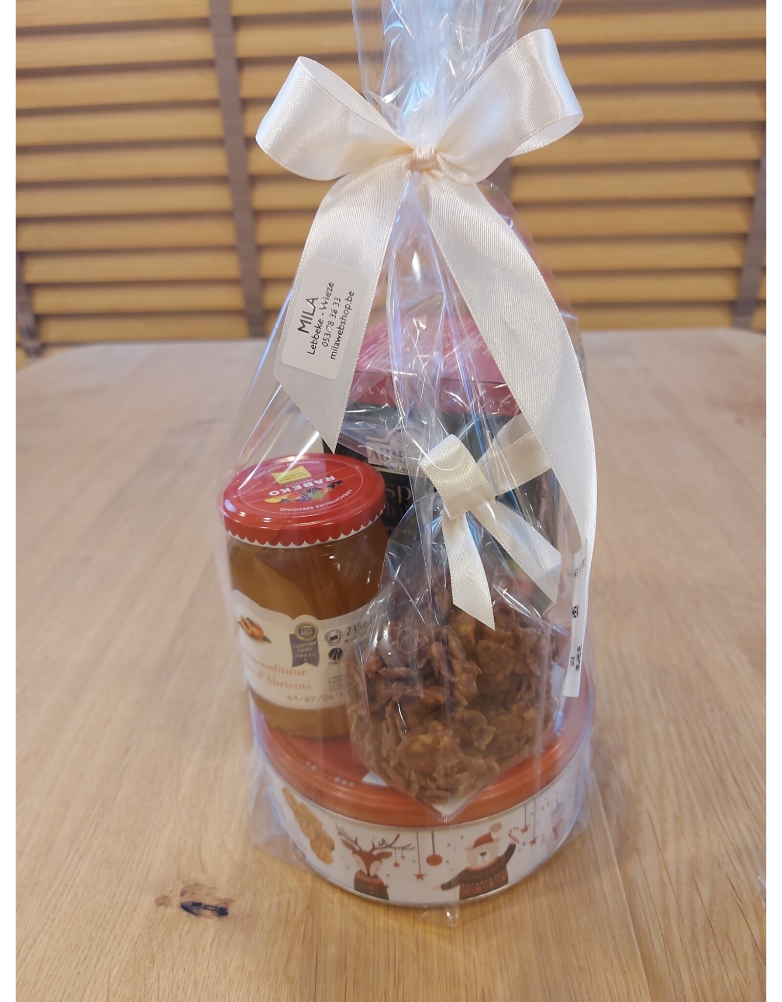 Geschenk - koekjesblik met thee , confituur en flake rotsjes