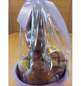Paasgeschenk - lachhaasje met eitjes en ... in  lila bloempotje