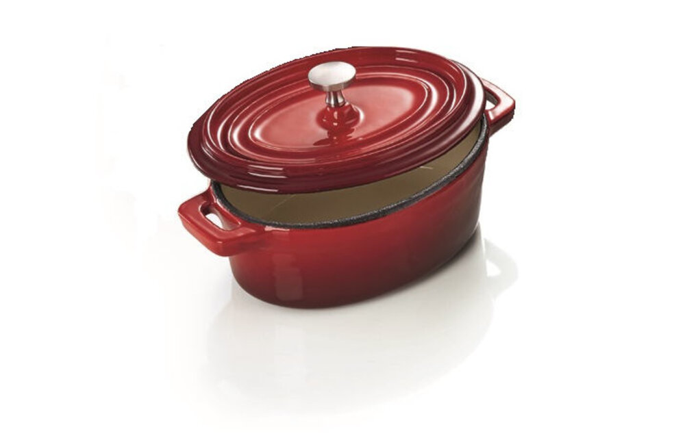 Bakmina Mini gietijzeren cocotte ovaal rood met deksel 12x9x5 cm
