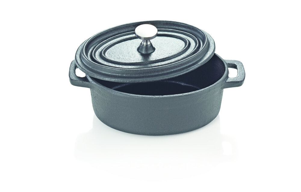 Bakmina Mini gietijzeren cocotte ovaal zwart met deksel 12x9x5 cm