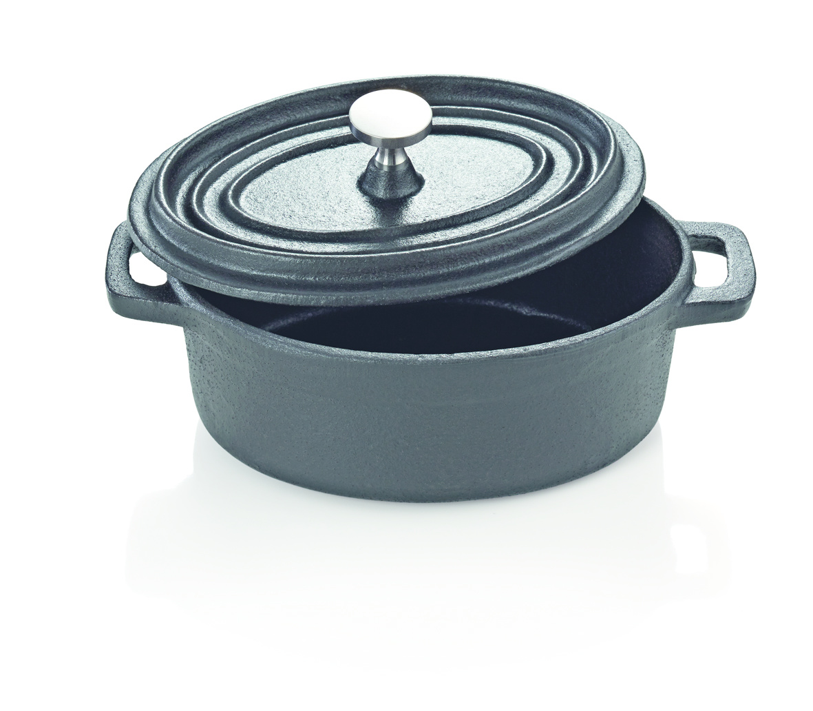 Mini gietijzeren cocotte ovaal zwart met deksel 12x9x5 cm