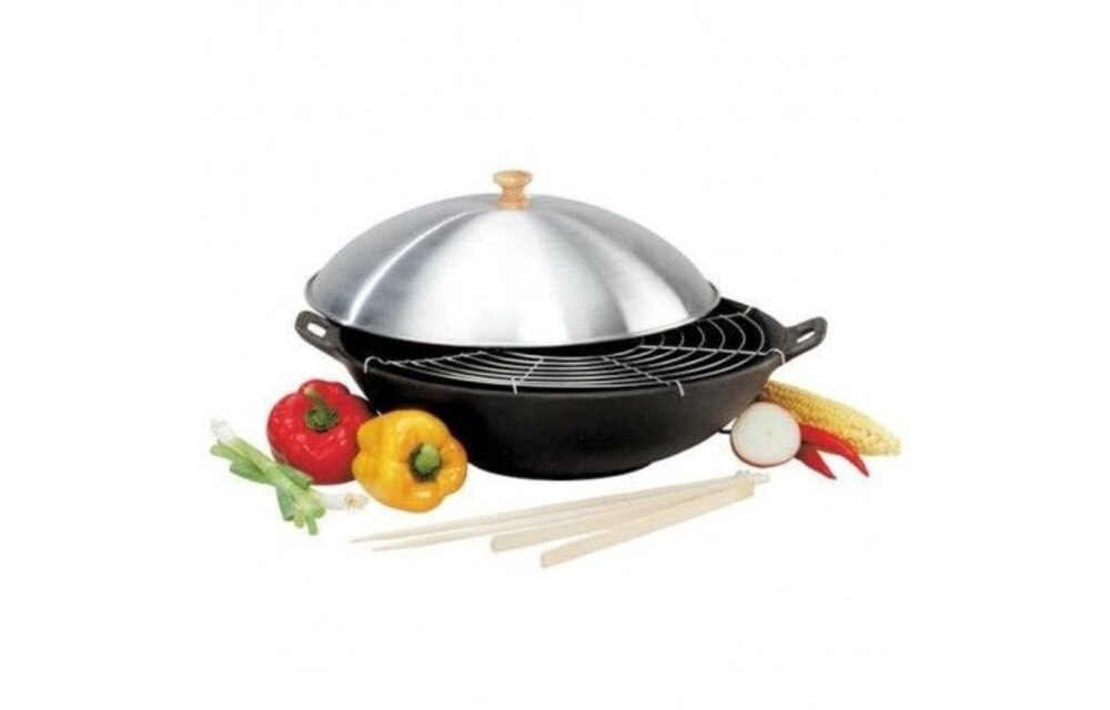 Baumalu zwarte gietijzeren wok met aluminium deksel Ø 36 cm incl. accessoires