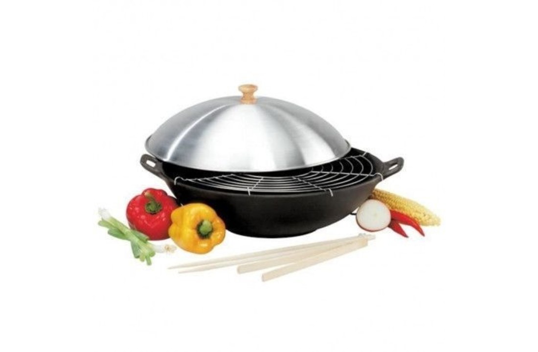 Baumalu zwarte gietijzeren wok met aluminium deksel Ø 36 cm incl. accessoires