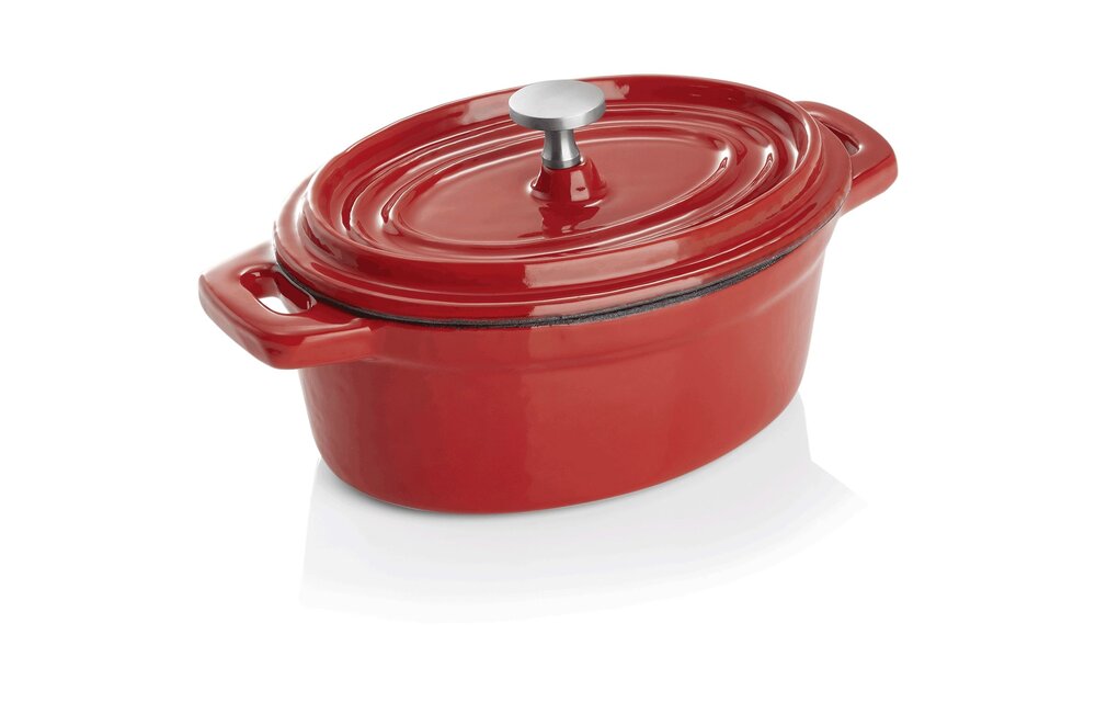 Bakmina Mini gietijzeren cocotte ovaal rood met deksel 12x9x5 cm