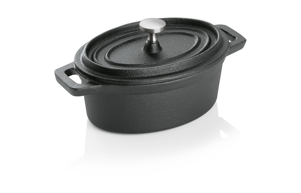 Bakmina Mini gietijzeren cocotte ovaal zwart met deksel 12x9x5 cm