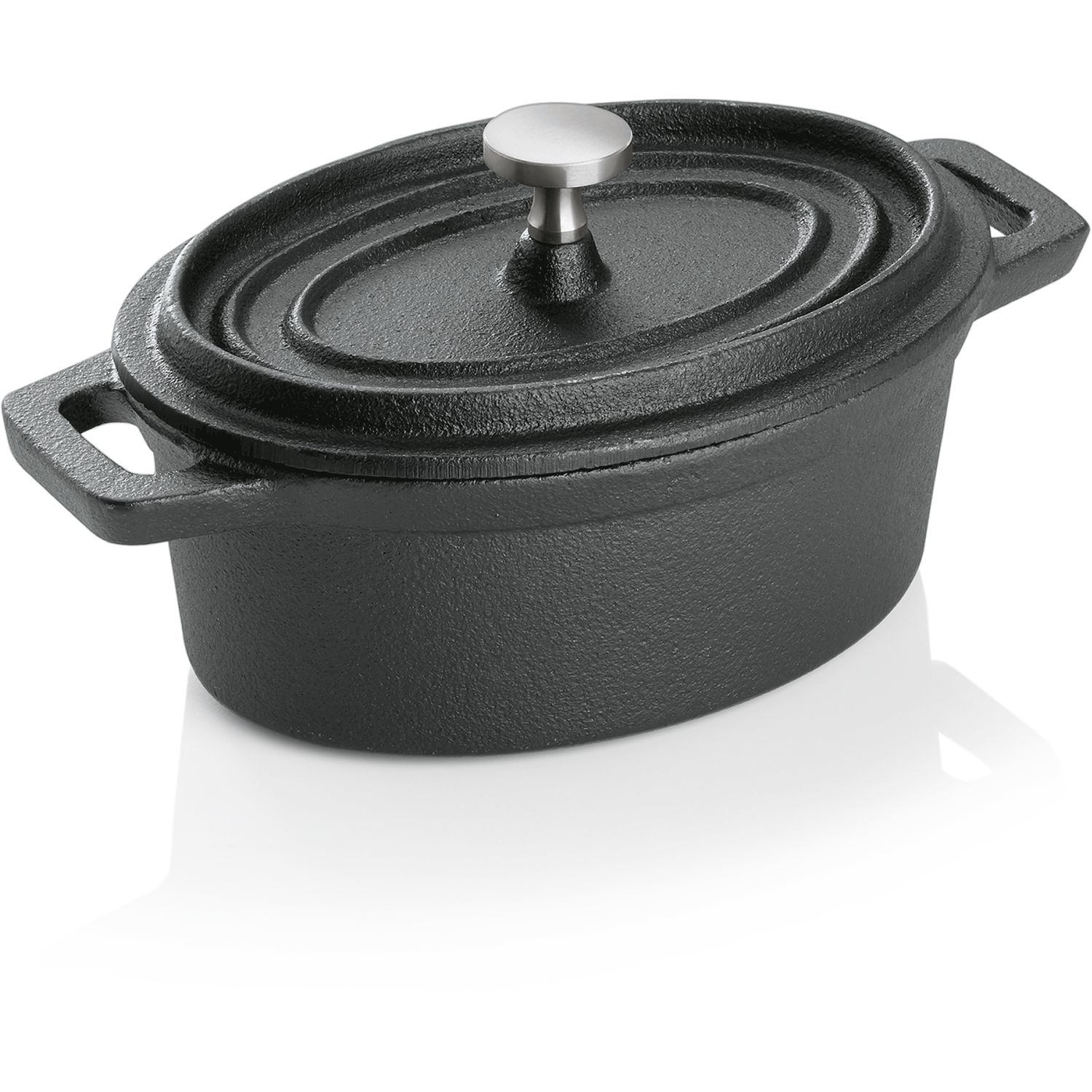 Mini gietijzeren cocotte ovaal zwart met deksel 12x9x5 cm