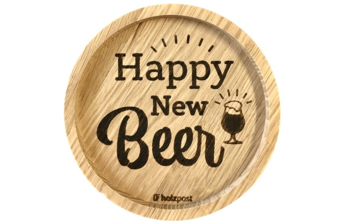 Eikenhouten onderzetter Ø 11,2 cm Happy New Beer