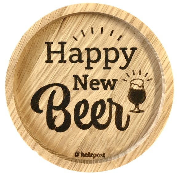 Eikenhouten onderzetter Ø 11,2 cm Happy New Beer