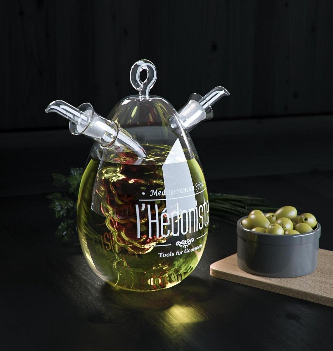 Vintage olie- en azijndispenser van glas, 450 ml + 50 ml. Met druppelbeveiliging.