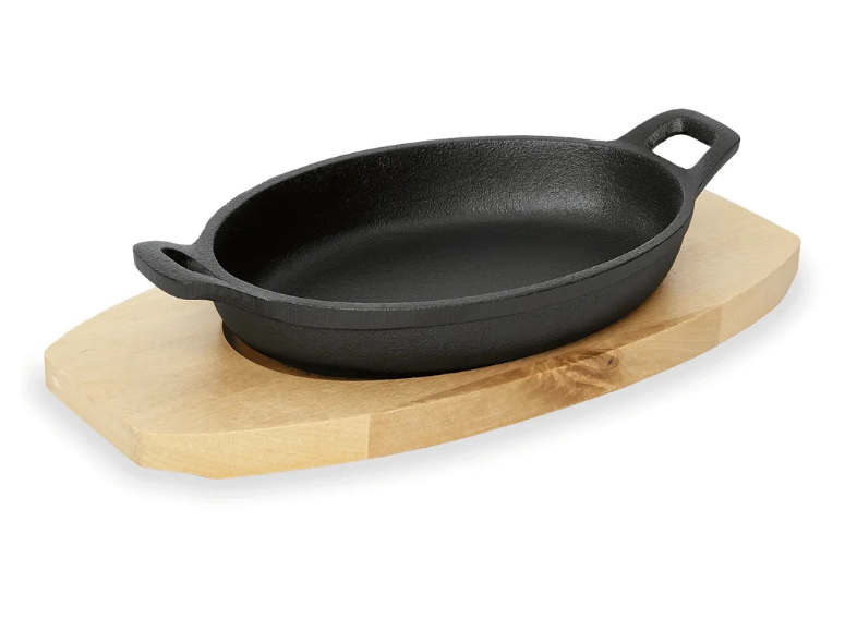 With wooden coaster and with molded side handles.