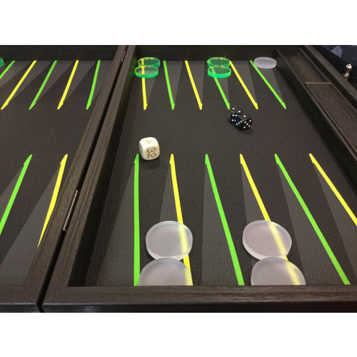 Manopoulos Backgammon „UV B“ Kunstleder schwarz & Points neon gelb & grün  48 x 30 cm