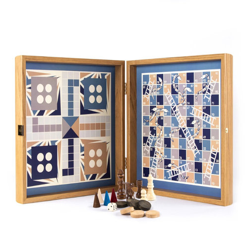 Manopoulos 4 Spiele in 1, Navy Blue , 34 x 34 cm, Schach, Backgammon, Ludo, Schlangenspiel