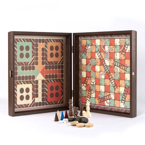 Manopoulos 4 Spiele in 1, Vintage braun, 34 x 34 cm, Schach, Backgammon, Ludo, Schlangenspiel