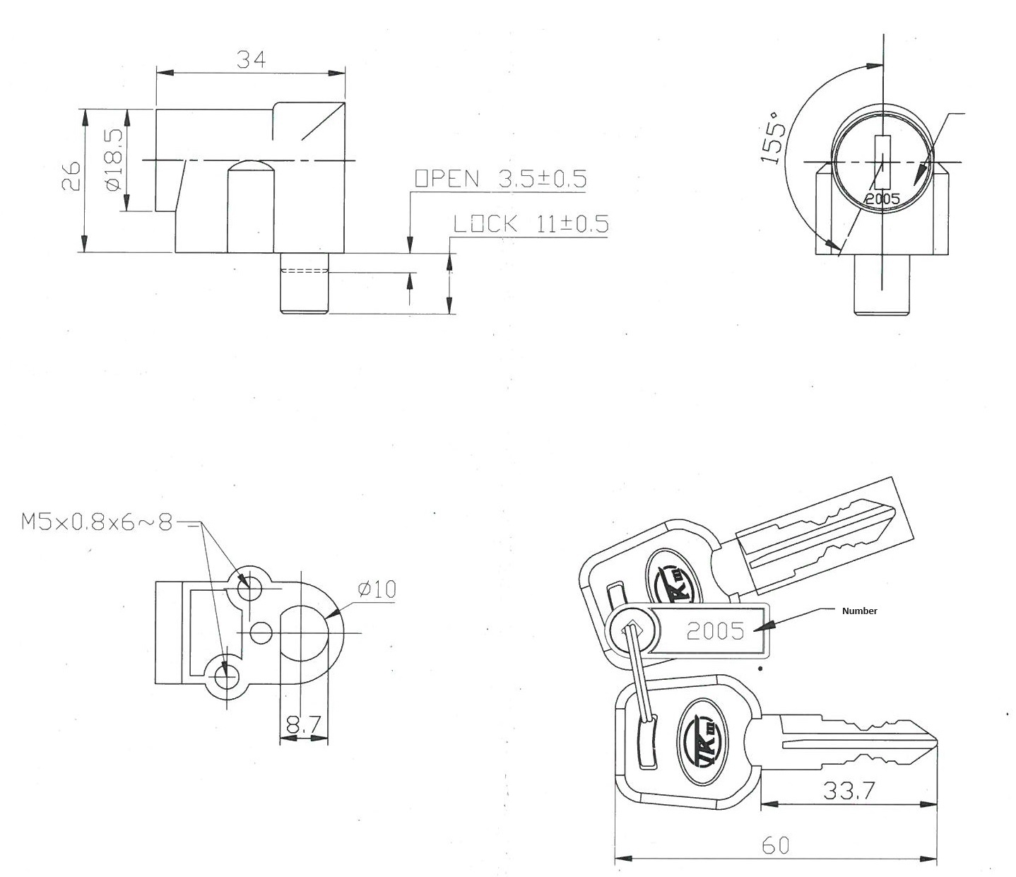 SLO10/11; Slotje met 2 sleutels 10mm pin, 11 mm lengte