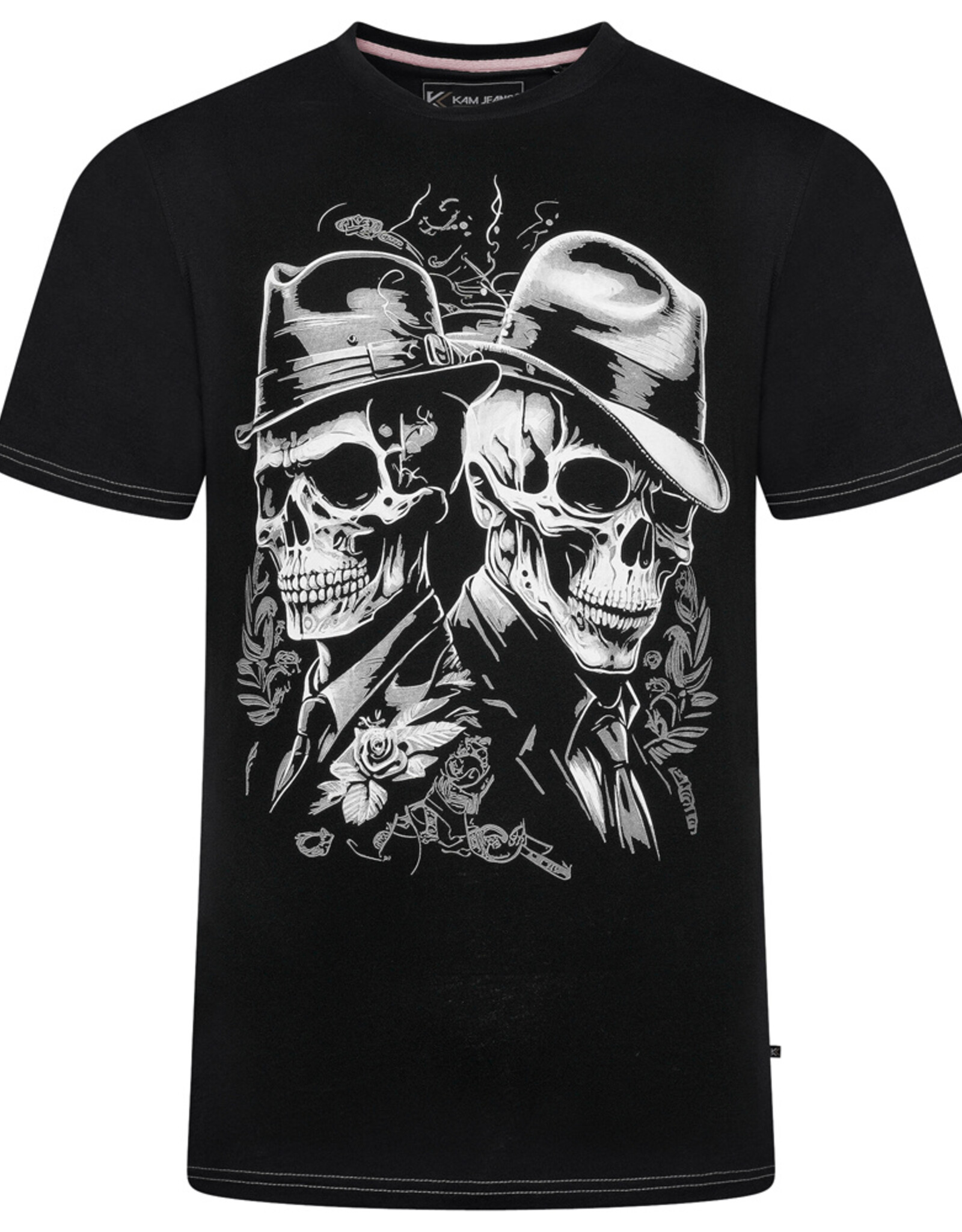 Kam Jeans T-SHIRT met TWIN GENTLEMAN SKULLS  print  -zwart