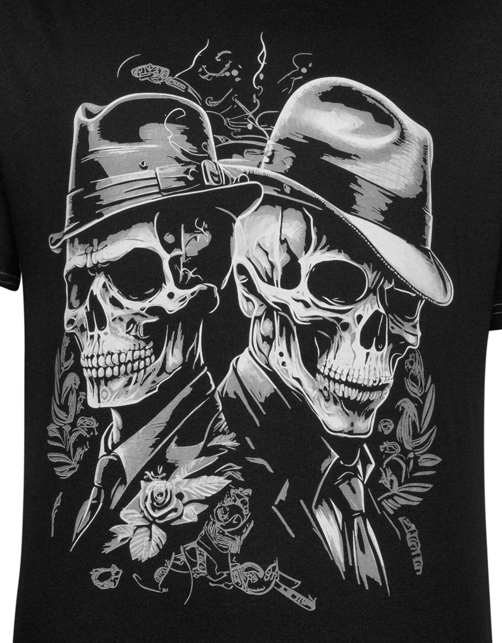 Kam Jeans T-SHIRT met TWIN GENTLEMAN SKULLS  print  -zwart