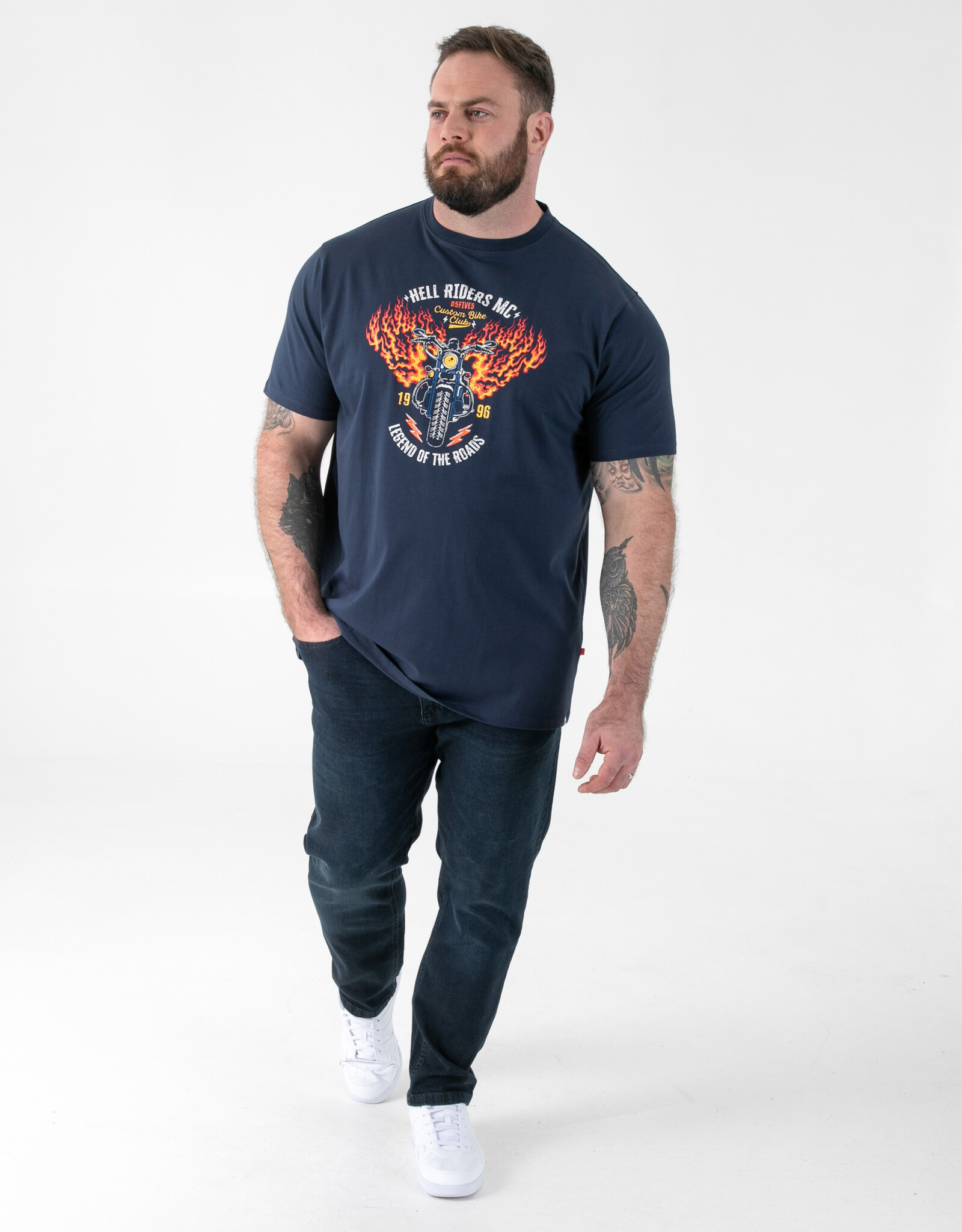 D-555 T-SHIRT HOCKNEY-D555 Motorbike met vlam vleugels Printed Crew Neck