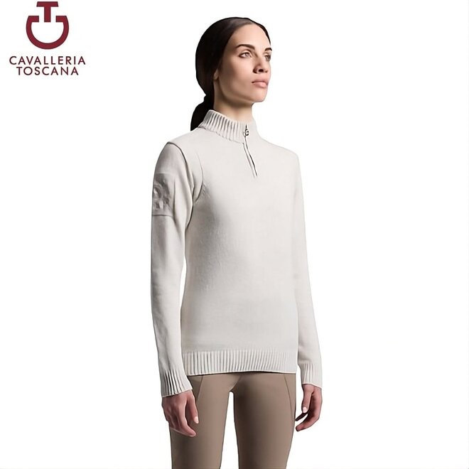 Wool Half Zip Turtleneck Sweater Women Cream