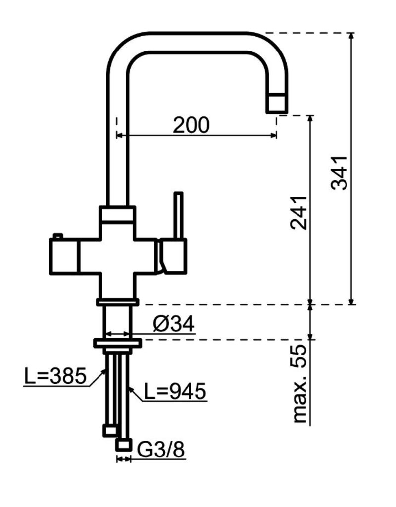 Selsiuz kranen Selsiuz Push & Turn Haaks Chroom 350658 met TITANIUM Single Boiler 3 in 1 kokend water keukenkraan