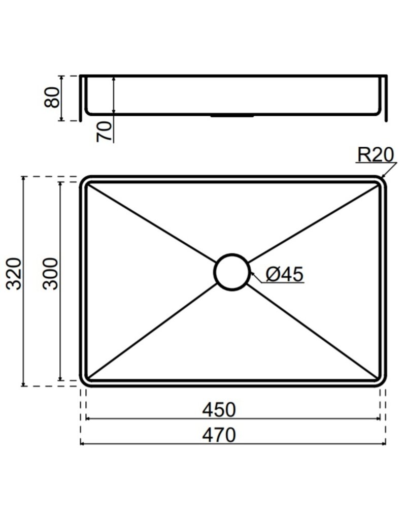 Qisani Qisani Vanity wastafel 47x32x8 RVS, incl. vaste plug 18131.02