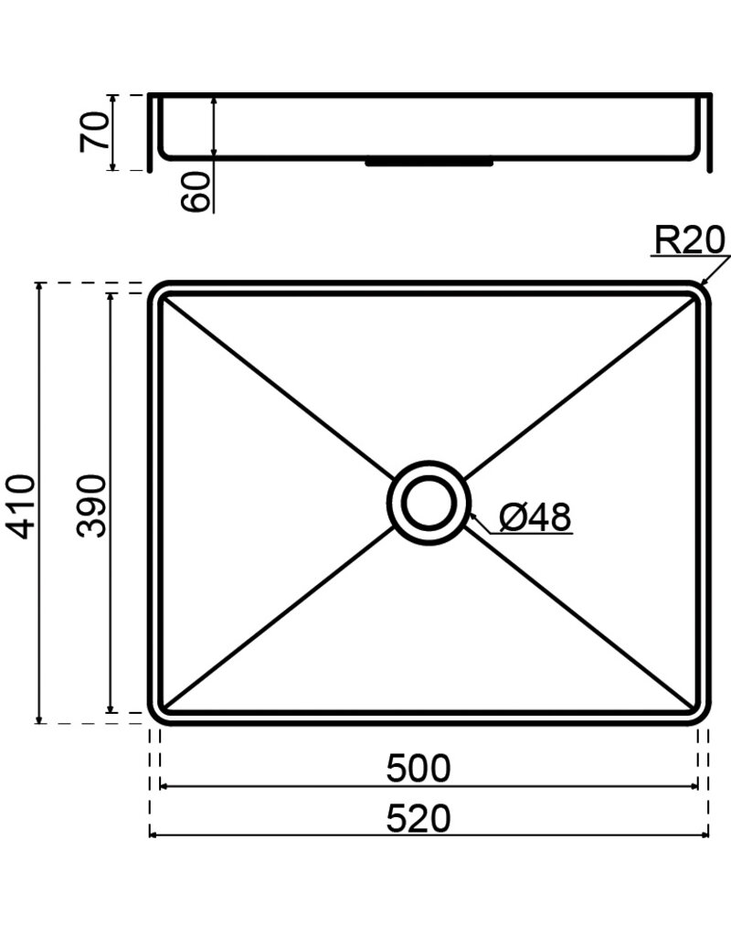 Qisani Qisani Vanity wastafel 52x41x7 RVS, incl. vaste  plug 18132.02