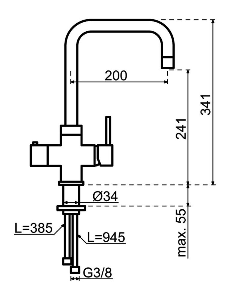 Selsiuz kranen Selsiuz 351215 Push & Turn 3-in-1 Haaks Gun Metal met Single Boiler