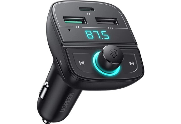 Ugreen – Bluetooth 5.0 Musik-FM-Transmitter und 1 x USB-C und 2 x USB-A Doppel-USB-Port-Autoladegerat – Schwarz
