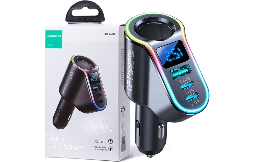 Joyroom Fast Car Charger 4-in-1 USB-A & USB-C – 150W Black [5x Fast Car Charger]
