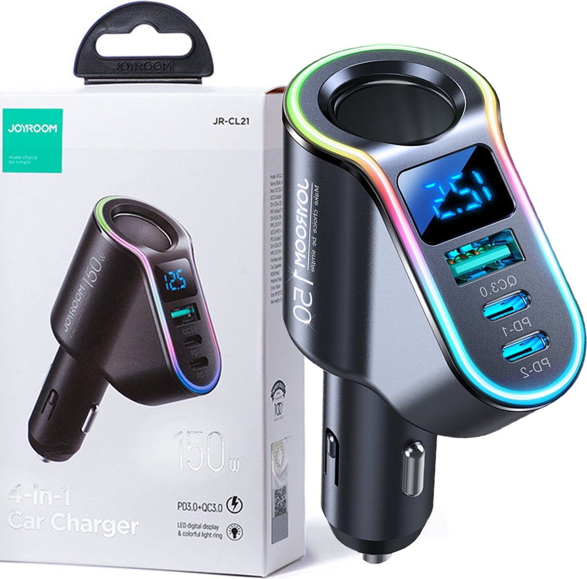 Joyroom Autolader Snellader 4 in 1 USB-A & USB-C - 150W Zwart [5x Fast Car Charger]