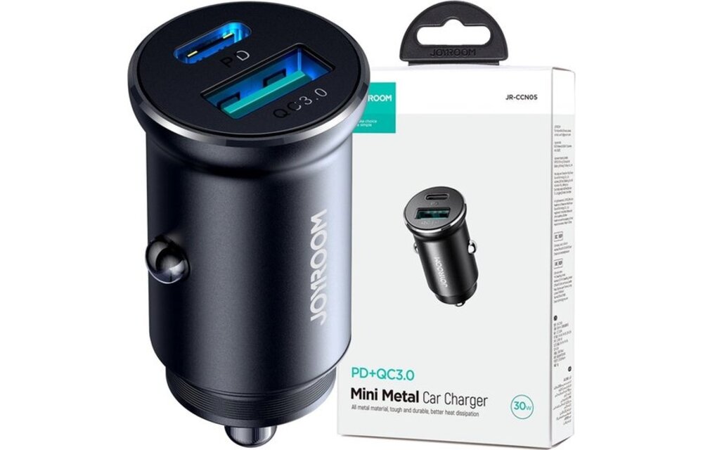Joyroom - Mini Autolader Dubbele Snellader USB-C & USB-A 30W Zwart