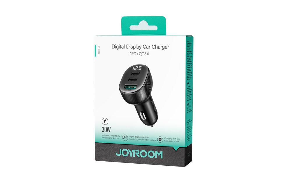 Joyroom - 3 in 1 Autolader met Type C en USB - Display - 30W - Zwart Carbon