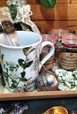 Tea and Herbs Geschenkje met kruidenthee mok, 3 heilzame kruidenthee en honinglepeltjes op dienblad.