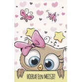Geboortekaart met uiltje, vlinders en de tekst "Hoera! Een Meisje!"