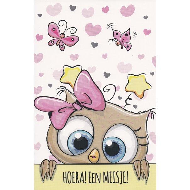 Belgian  Greetings Geboortekaart met uiltje, vlinders en de tekst "Hoera! Een Meisje!"