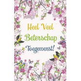 Beterschapskaart met bloemenrand, vogels en de tekst "Heel Veel Beterschap Toegewenst!"