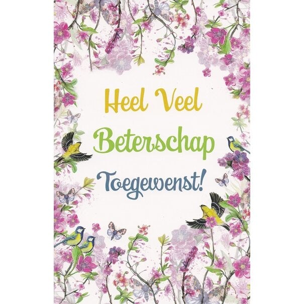 Belgian  Greetings Beterschapskaart met bloemenrand, vogels en de tekst "Heel Veel Beterschap Toegewenst!"