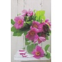 Blanco bloemenkaart met roze camelia’s in glazen vaas