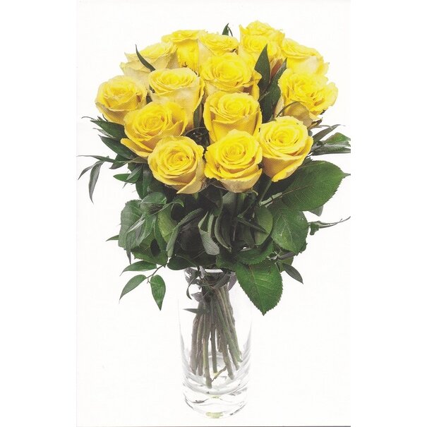 Belgian  Greetings Blanco bloemenkaart met boeket gele rozen in glazen vaas