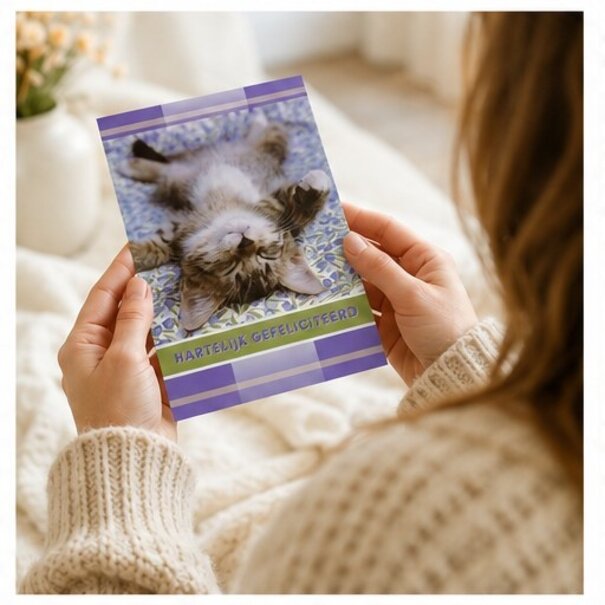 Marant Cards Gefeliciteerd kaart met grappige slapende kat – Hartelijk gefeliciteerd