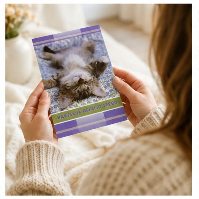 Marant Cards Gefeliciteerd kaart met grappige slapende kat – Hartelijk gefeliciteerd
