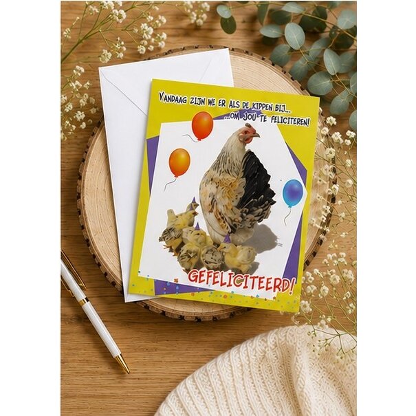 Marant Cards Grappige verjaardagskaart met kip en kuikens – Gefeliciteerd