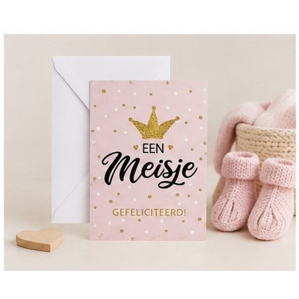 Belgian  Greetings Felicitatiekaart geboorte meisje met gouden kroontje