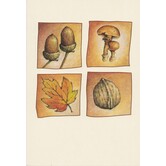 Herfstkaart met eikels, paddenstoelen, herfstblad en noot