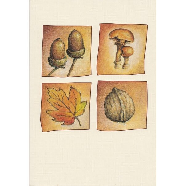 Herfstkaart met eikels, paddenstoelen, herfstblad en noot