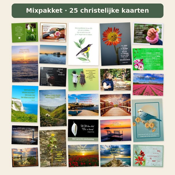 TSS-Nijkerk Mixpakket van 25 verschillende christelijke ansichtkaarten met Bijbelteksten en bemoediging