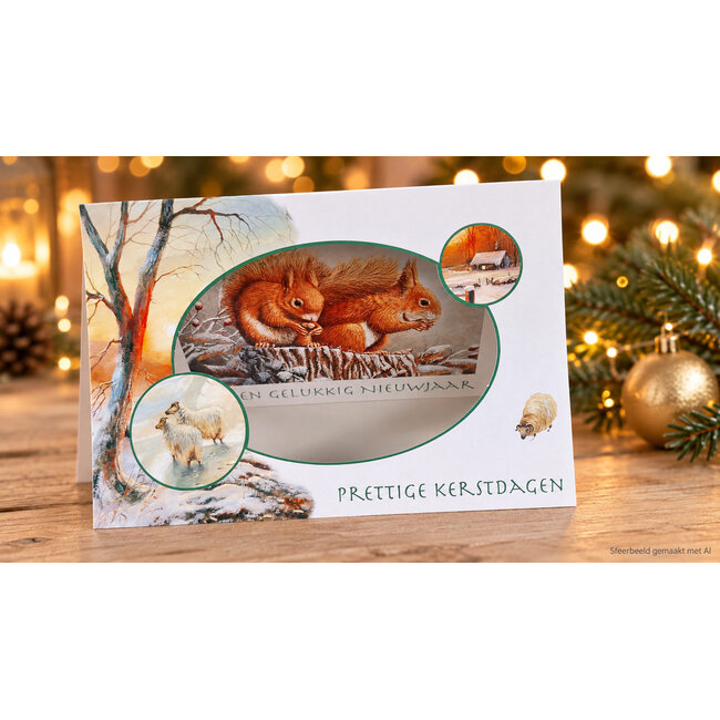 Kerstkaart met twee eekhoorns en de tekst ‘Prettige kerstdagen’
