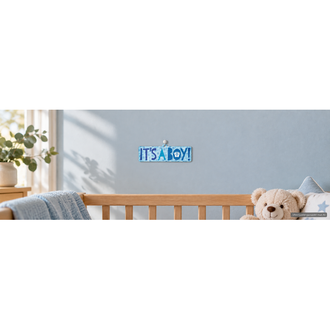 Geboortekaart It's a boy! met blauwe sterren en babyvoetjes – 26 x 9 cm