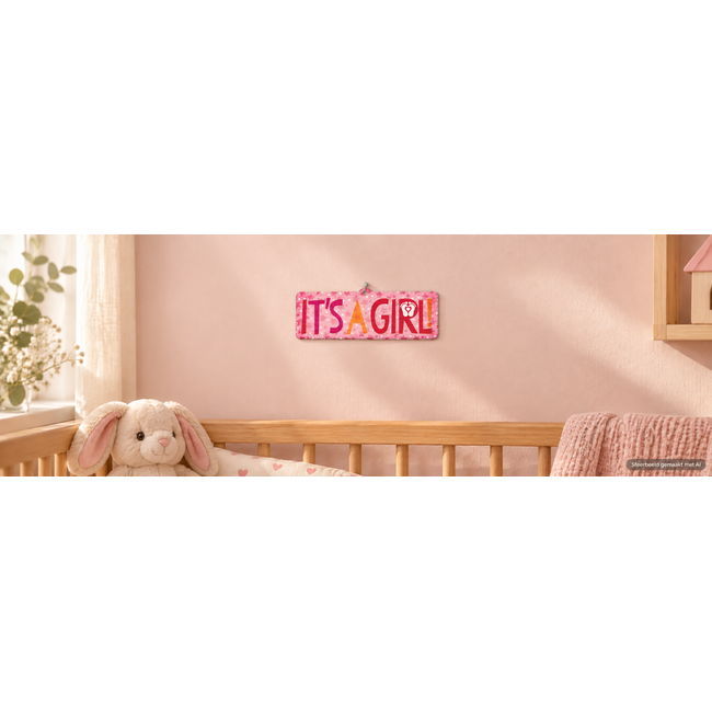 Geboortekaart It's a girl! van stevig karton met ophangoogje – 26 x 9 cm