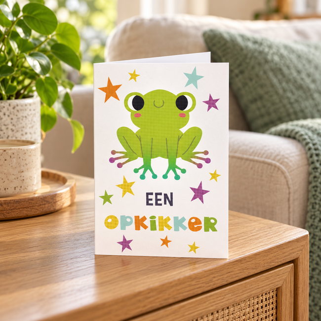 Belgian  Greetings Beterschapskaart Een opkikker met groene kikker en kleurrijke sterren