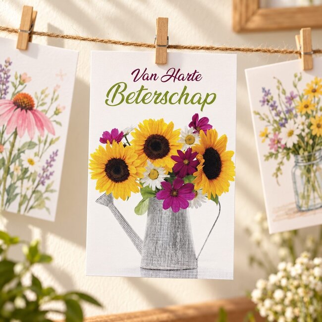 Belgian  Greetings Wenskaart Van Harte Beterschap met zonnebloemen in een gieter